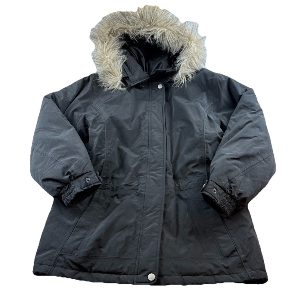 Eddie Bauer Goose Down Parka XL Fur Trim Hood Black Coat Zip Snap Diamond Quilt